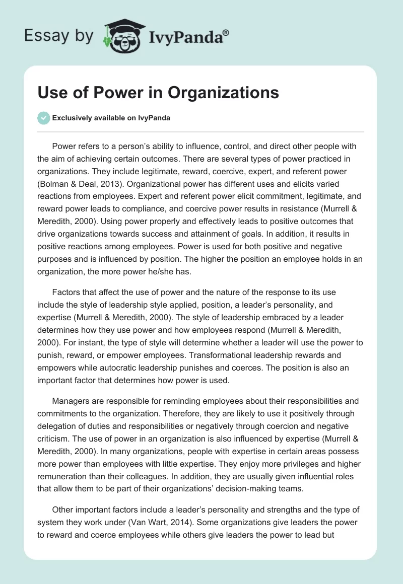 Use of Power in Organizations. Page 1