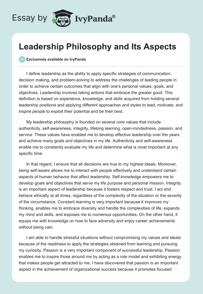 Leadership Philosophy and Its Aspects. Page 1