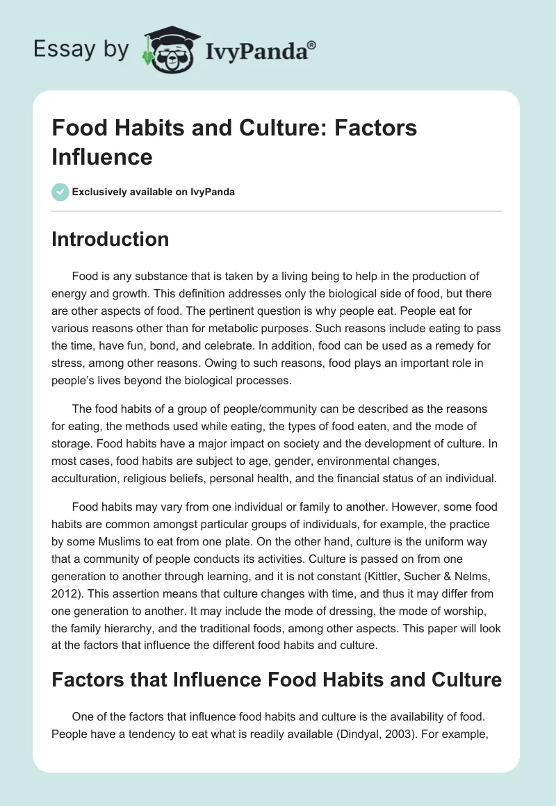 Food Habits and Culture: Factors Influence. Page 1