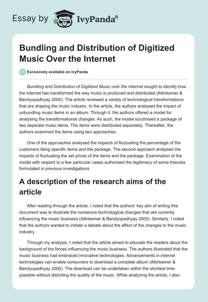 Bundling and Distribution of Digitized Music Over the Internet. Page 1