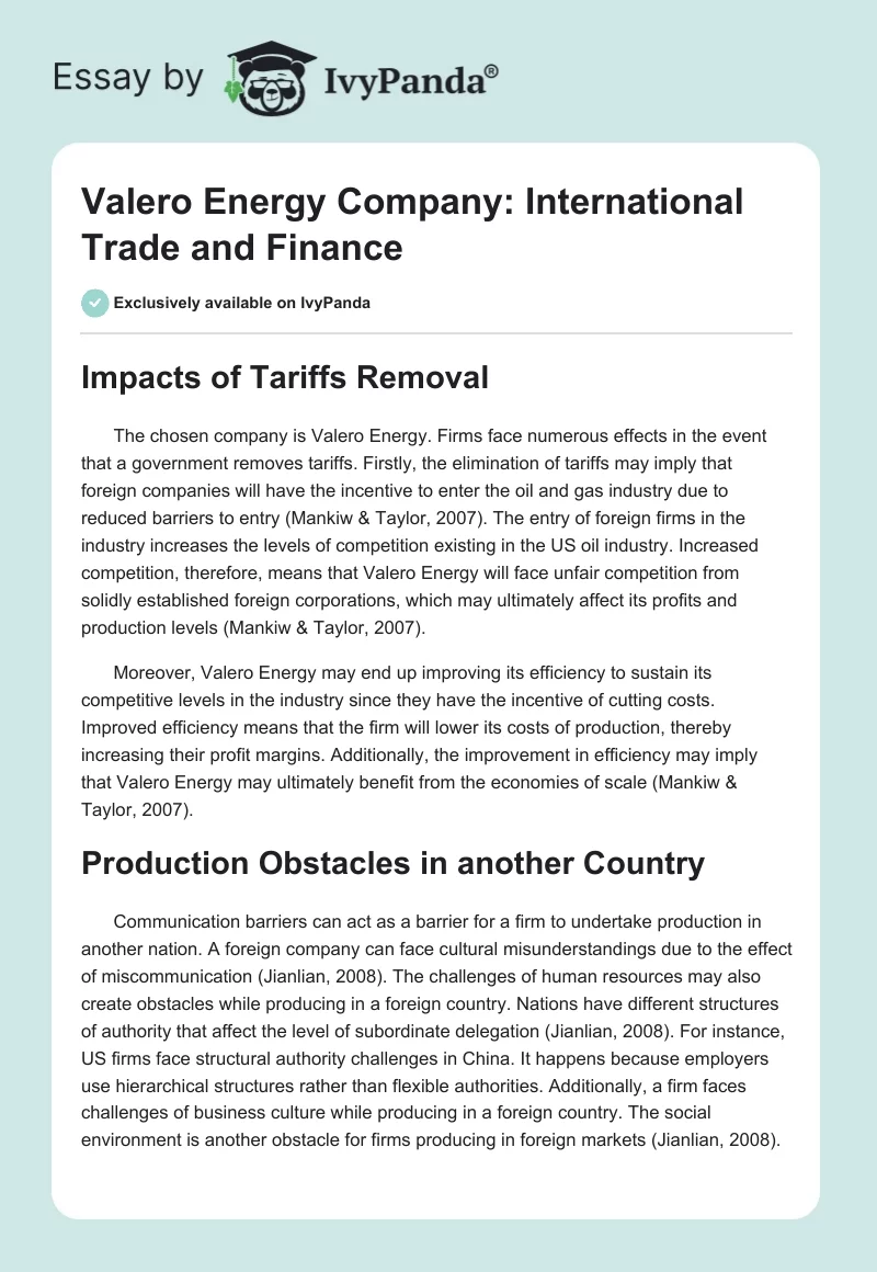 Valero Energy Company: International Trade and Finance. Page 1