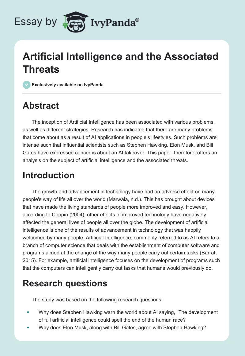 Artificial Intelligence and the Associated Threats. Page 1