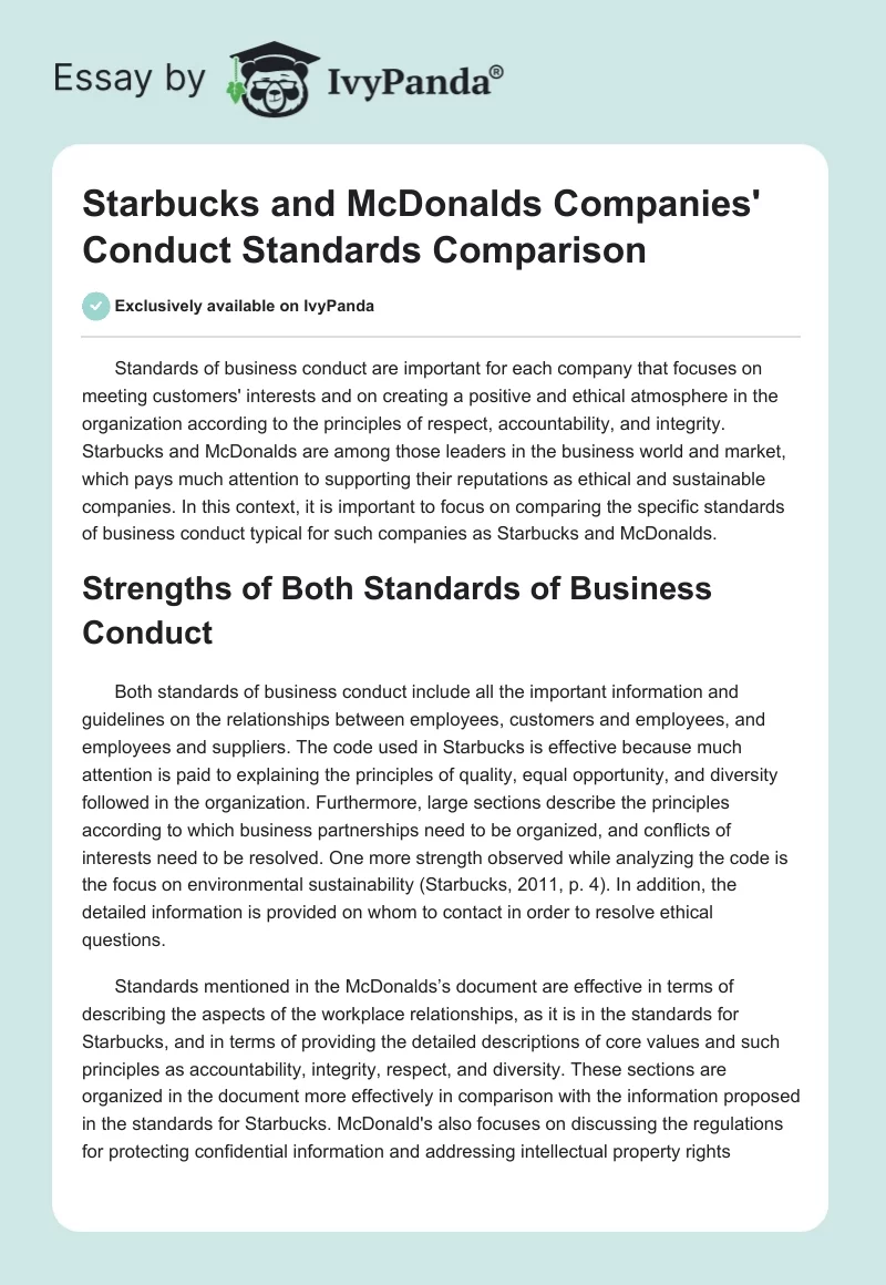 Starbucks and McDonalds Companies' Conduct Standards Comparison. Page 1