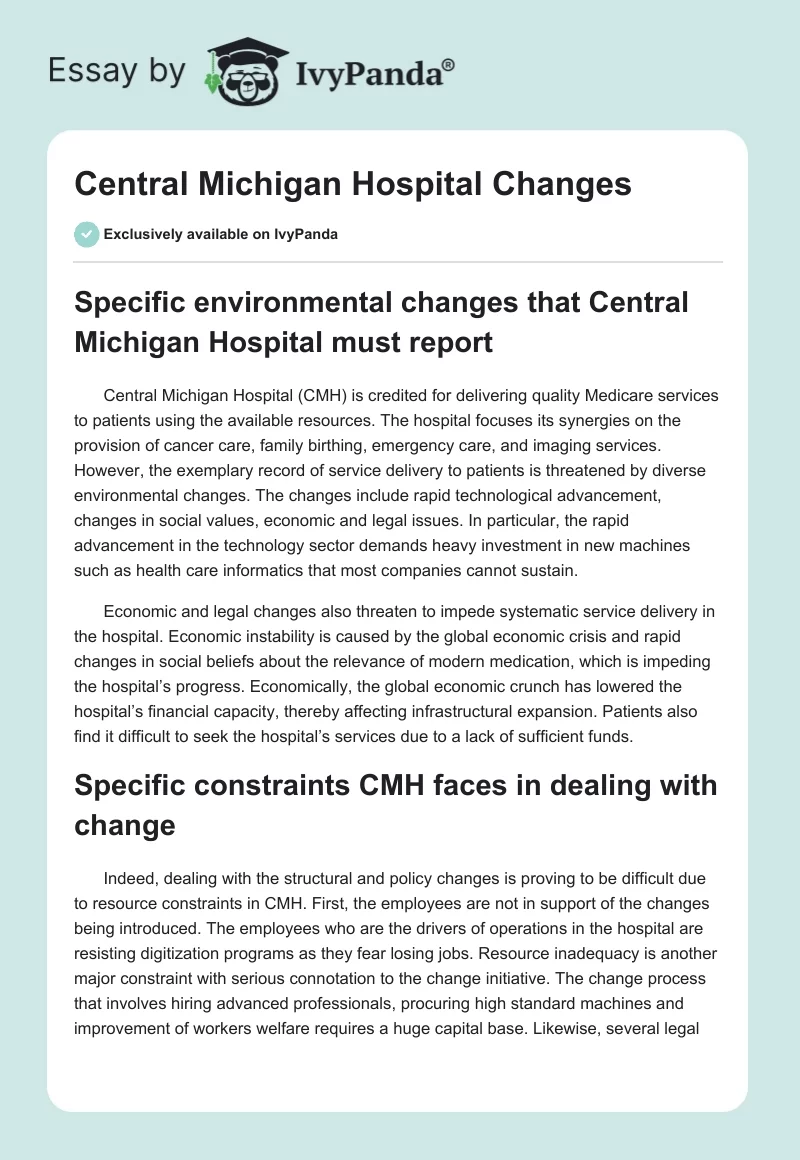 Central Michigan Hospital Changes. Page 1