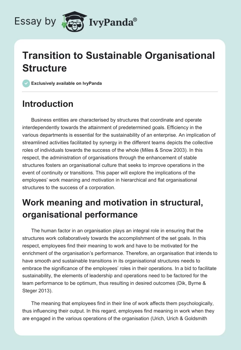 Transition to Sustainable Organisational Structure. Page 1