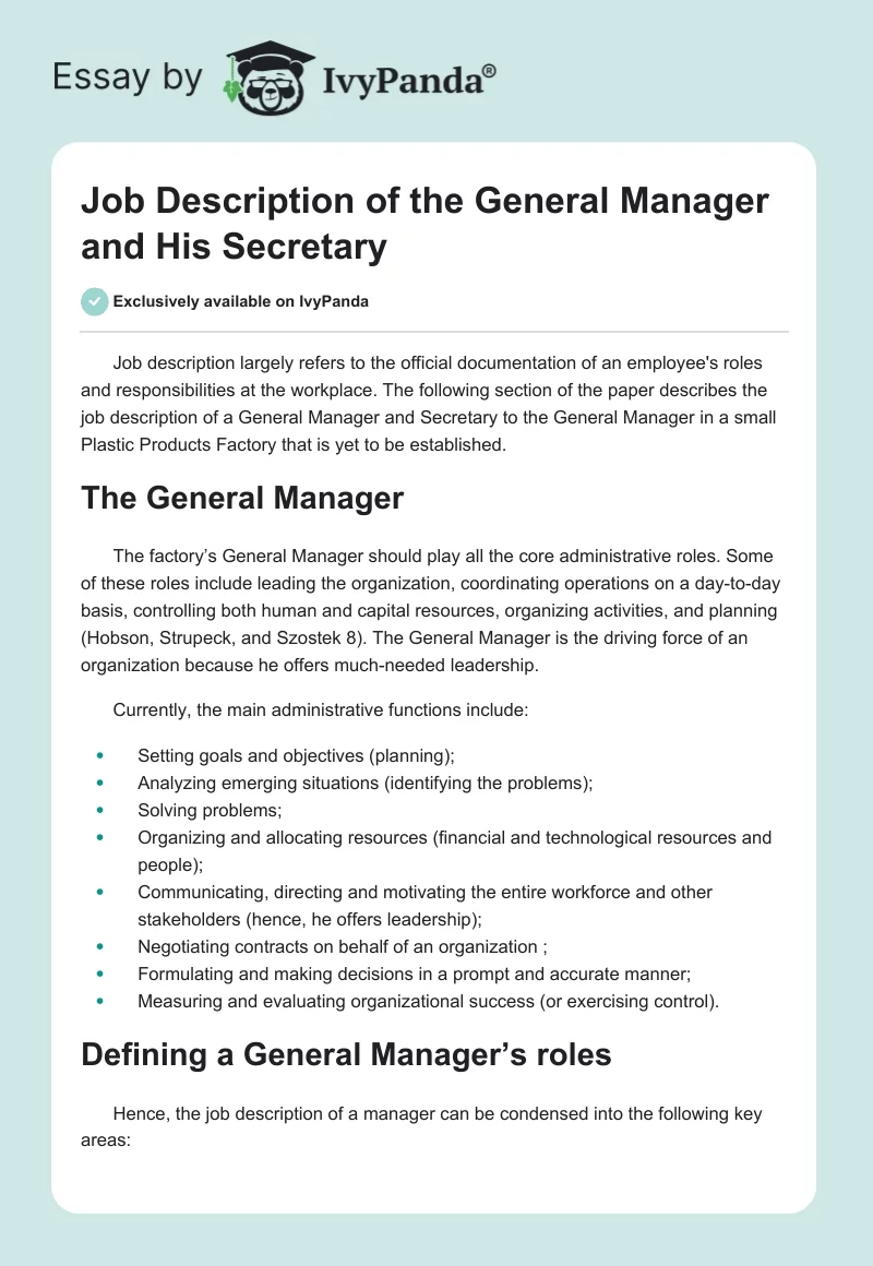 Job Description of the General Manager and His Secretary. Page 1