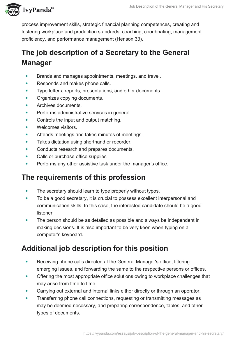 Job Description of the General Manager and His Secretary. Page 4