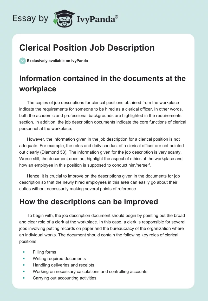 Clerical Position Job Description. Page 1