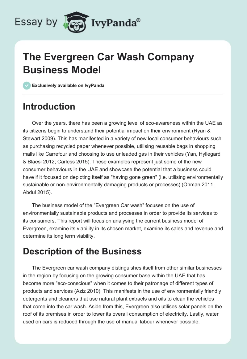 The Evergreen Car Wash Company Business Model. Page 1
