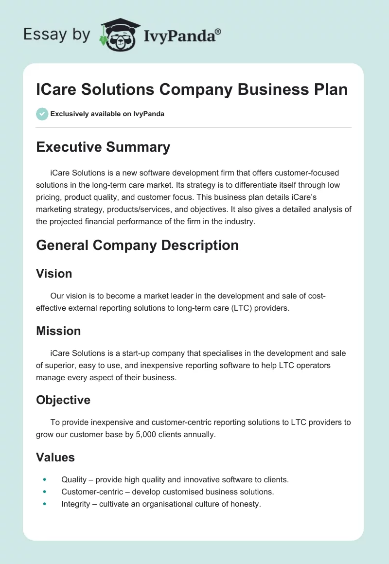 ICare Solutions Company Business Plan. Page 1