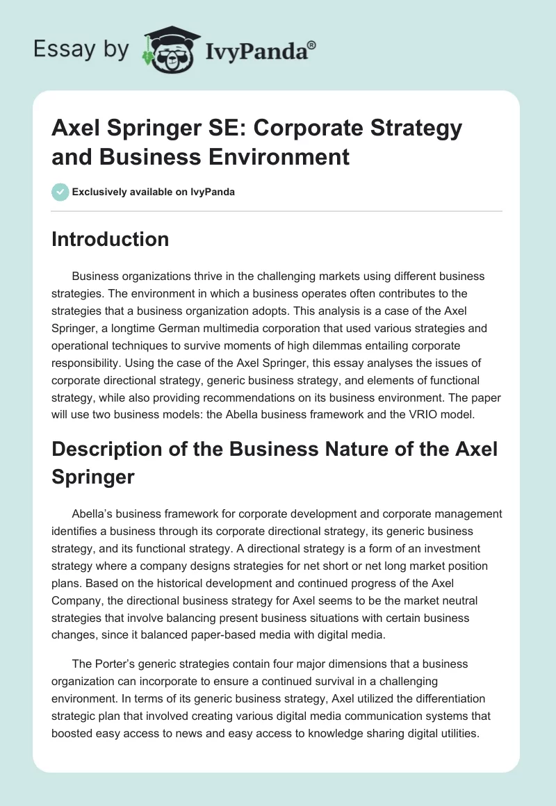 Axel Springer SE: Corporate Strategy and Business Environment. Page 1