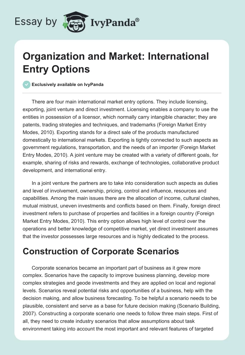 Organization and Market: International Entry Options. Page 1