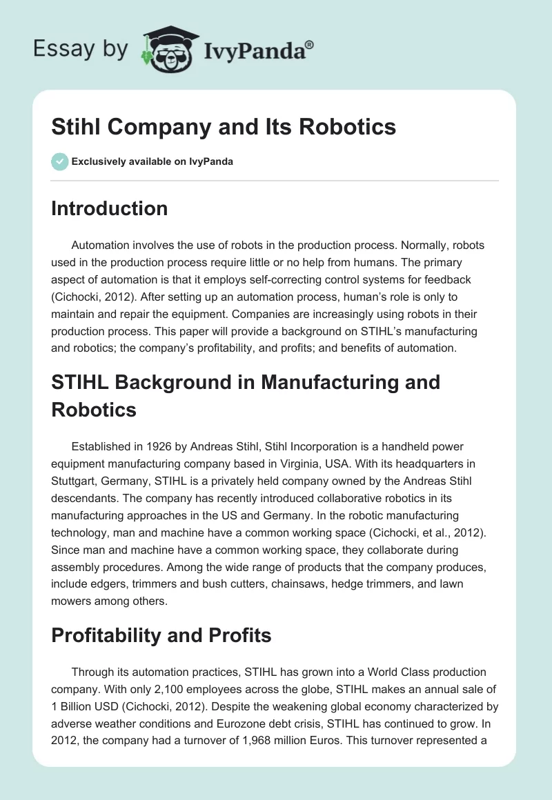 Stihl Company and Its Robotics. Page 1