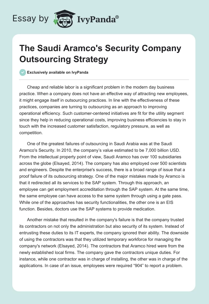 The Saudi Aramco's Security Company Outsourcing Strategy. Page 1