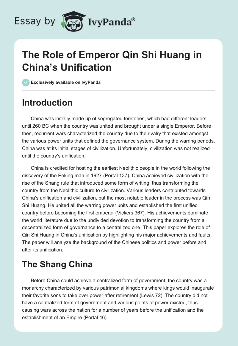 The Role of Emperor Qin Shi Huang in China’s Unification. Page 1
