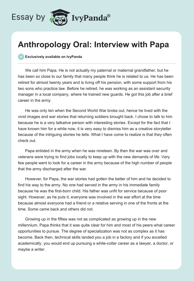 Anthropology Oral: Interview with Papa. Page 1