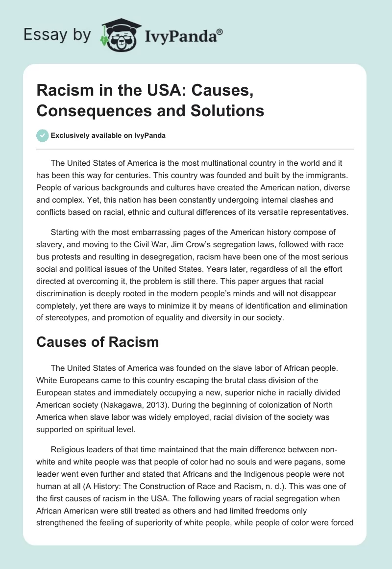 Racism in the USA: Causes, Consequences and Solutions. Page 1