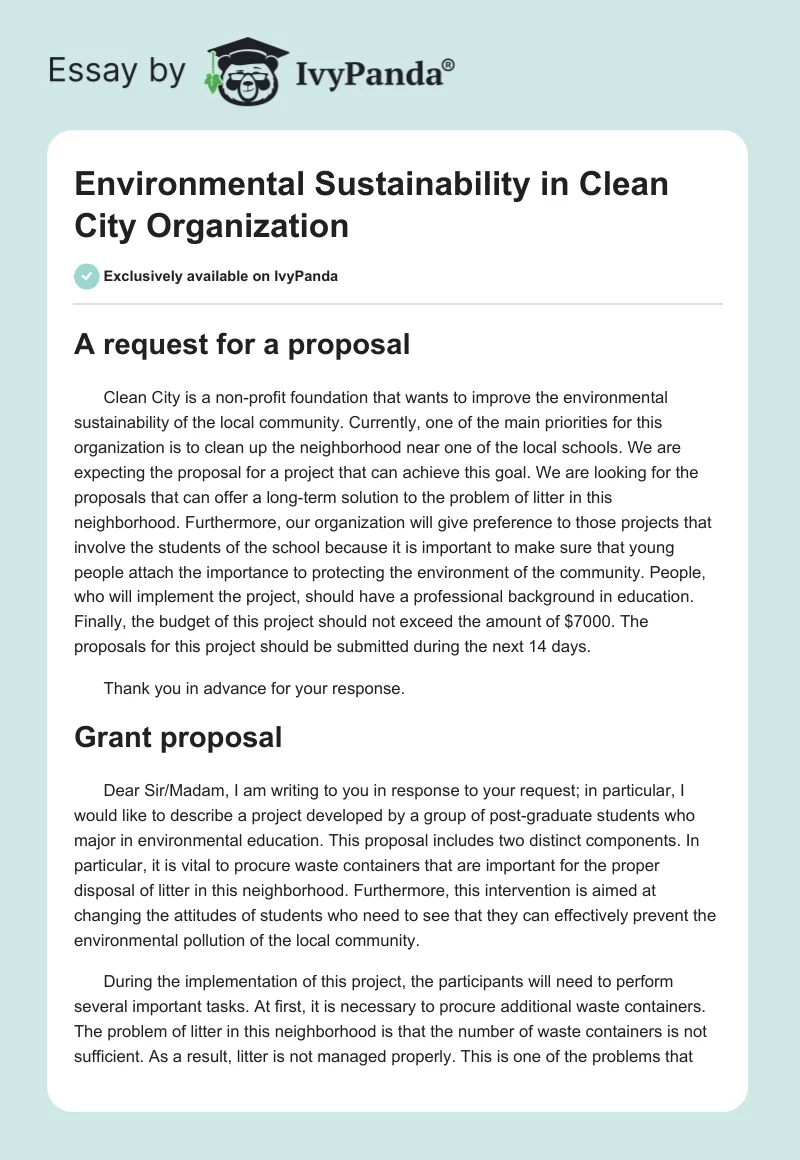 Environmental Sustainability in Clean City Organization. Page 1