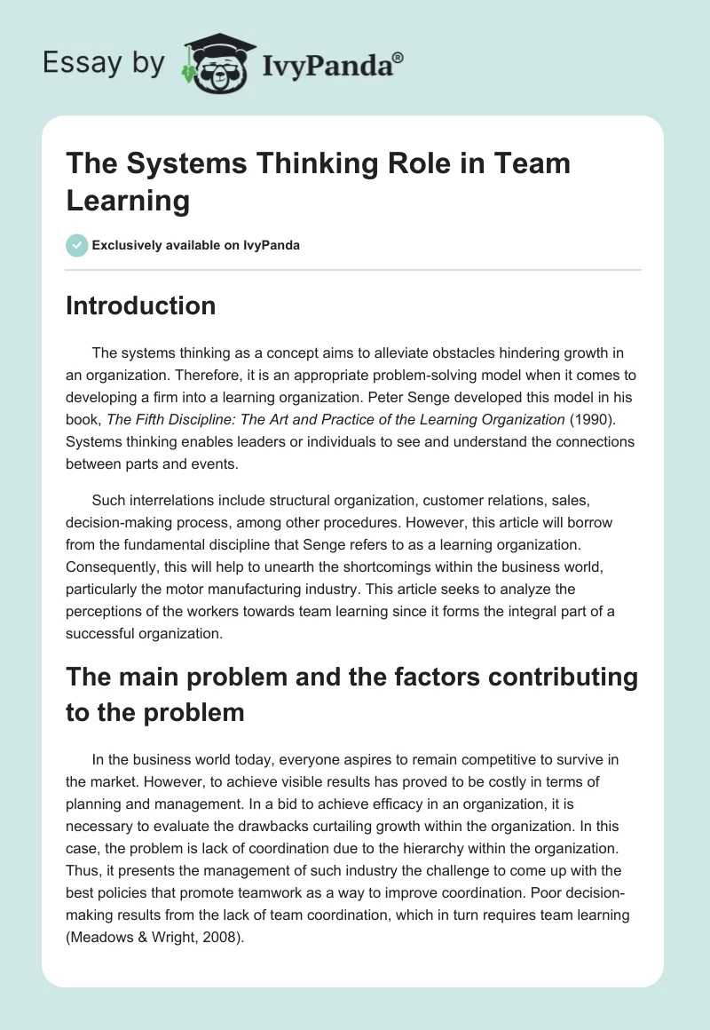 The Systems Thinking Role in Team Learning. Page 1