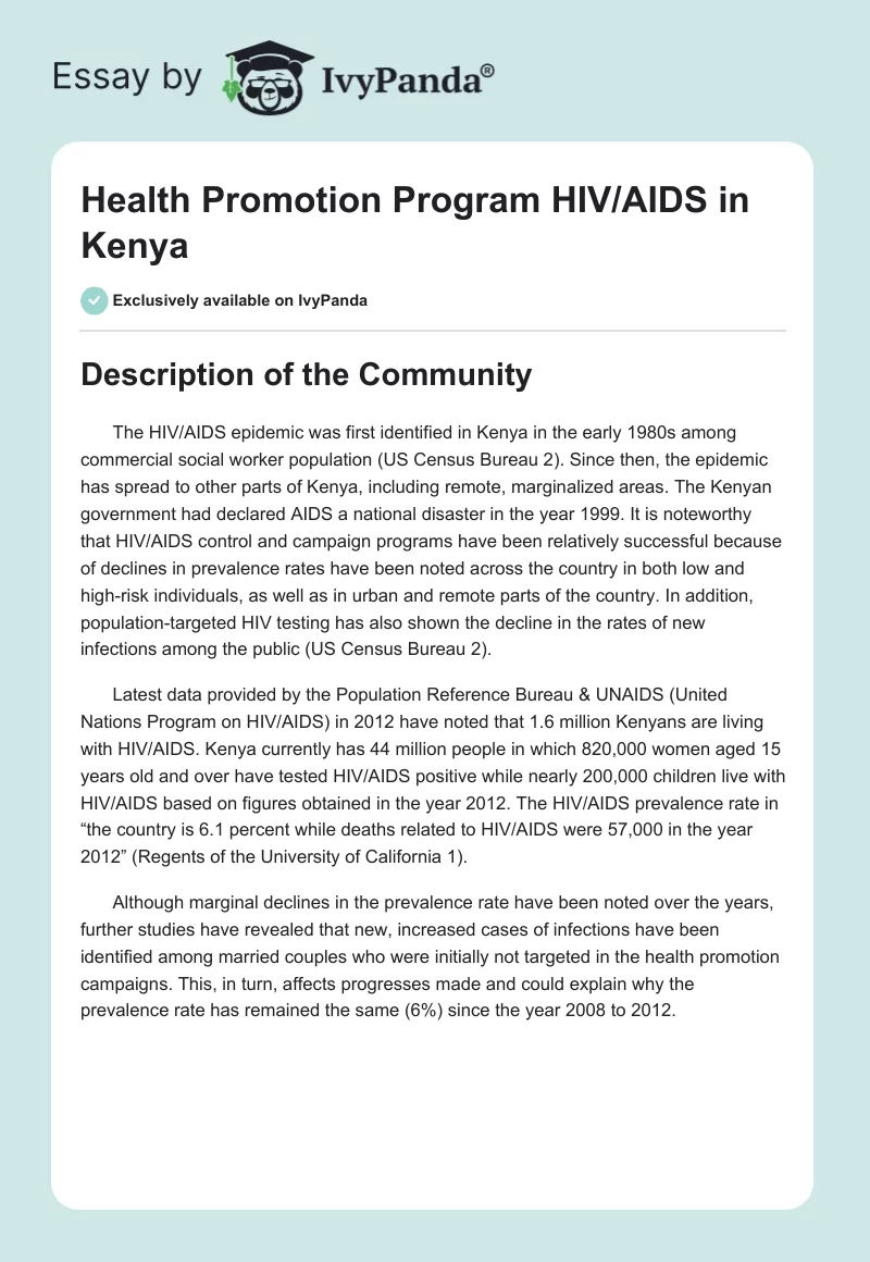 Health Promotion Program HIV/AIDS in Kenya. Page 1