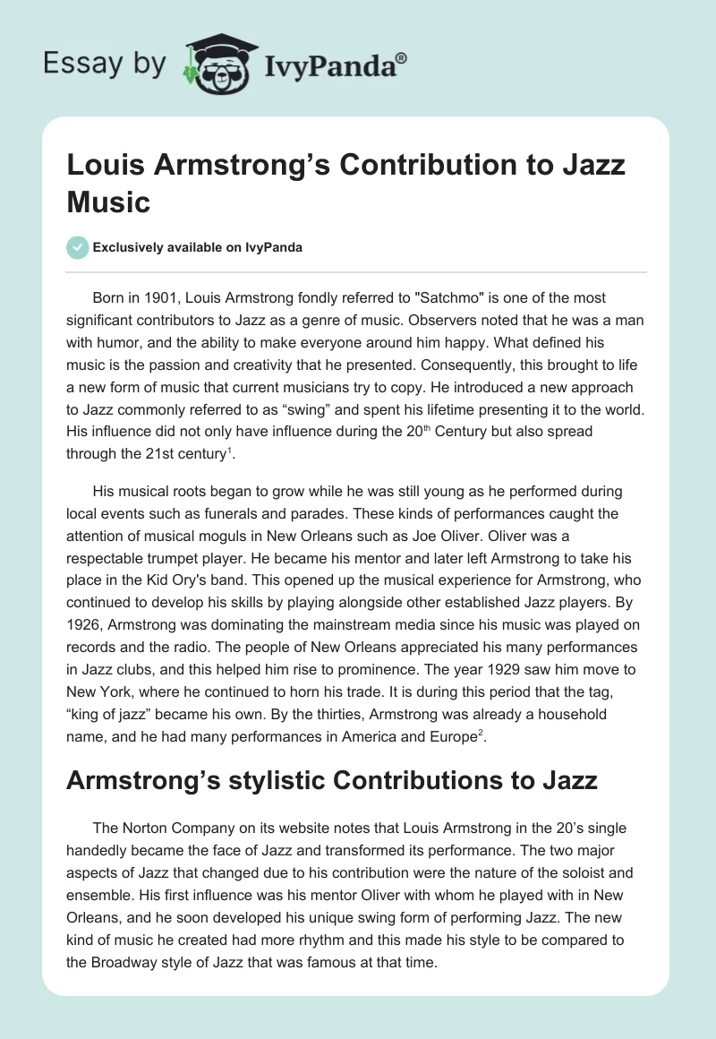 Louis Armstrong’s Contribution to Jazz Music. Page 1