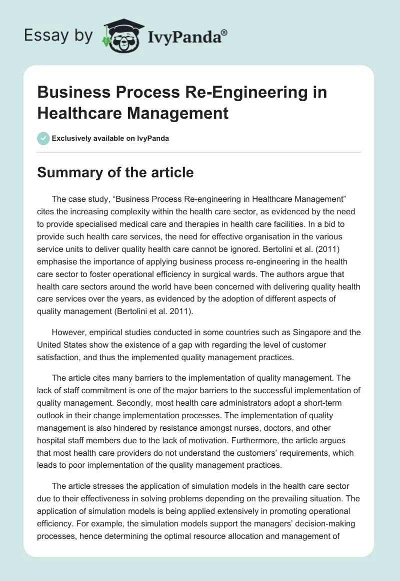 Business Process Re-Engineering in Healthcare Management. Page 1