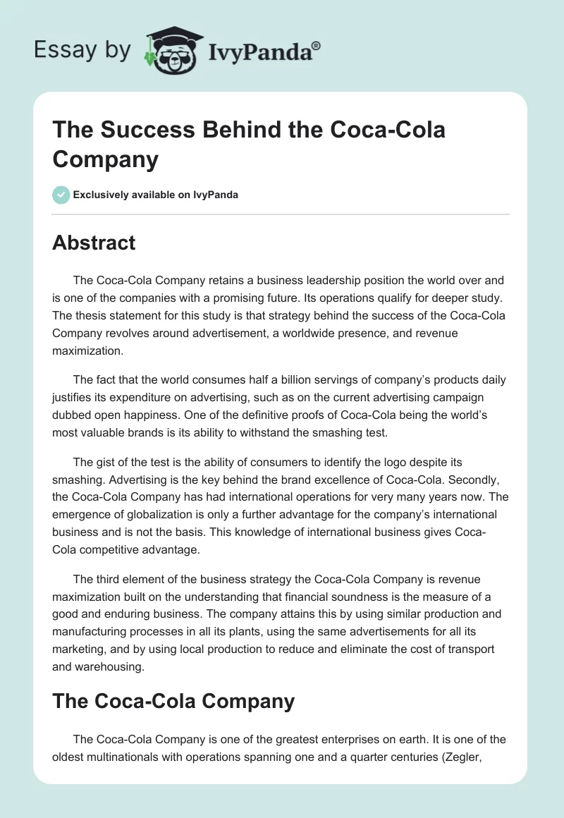 The Success Behind the Coca-Cola Company. Page 1
