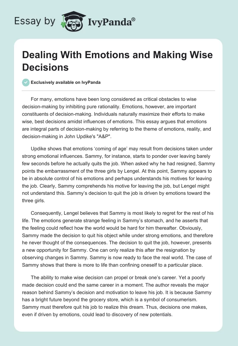 Dealing With Emotions and Making Wise Decisions. Page 1
