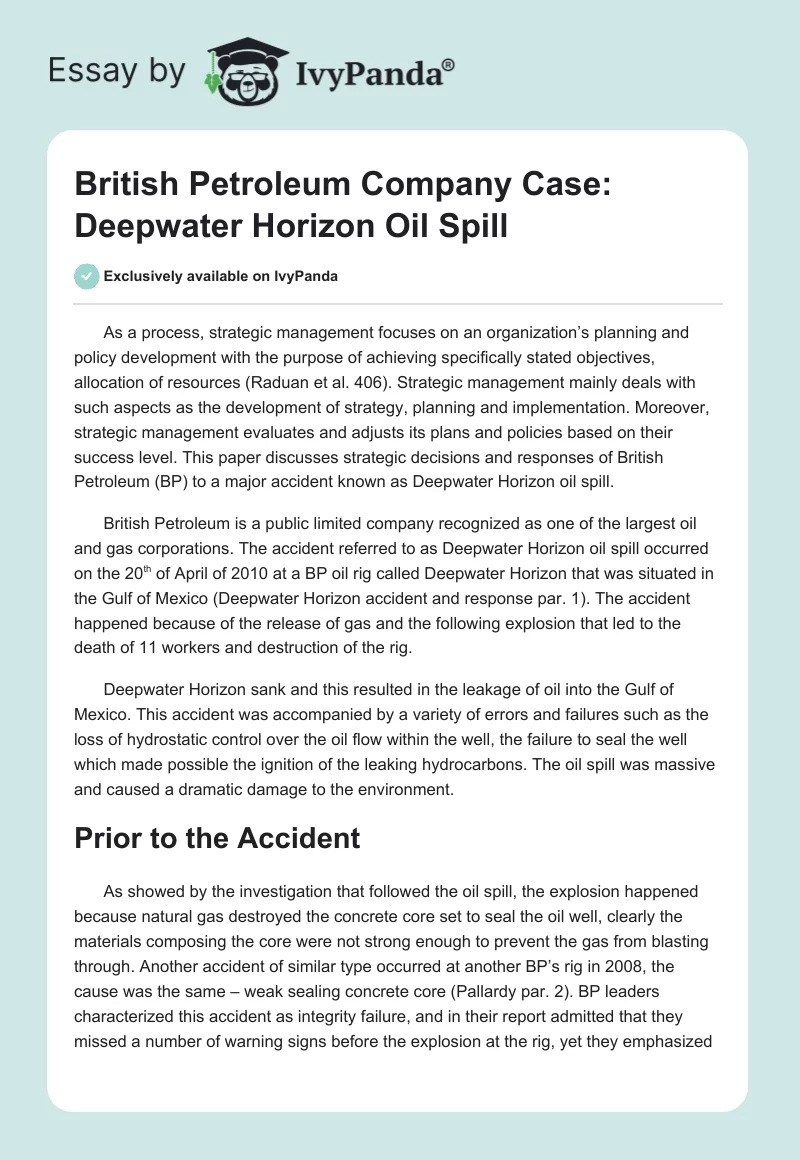 British Petroleum Company Case: Deepwater Horizon Oil Spill. Page 1