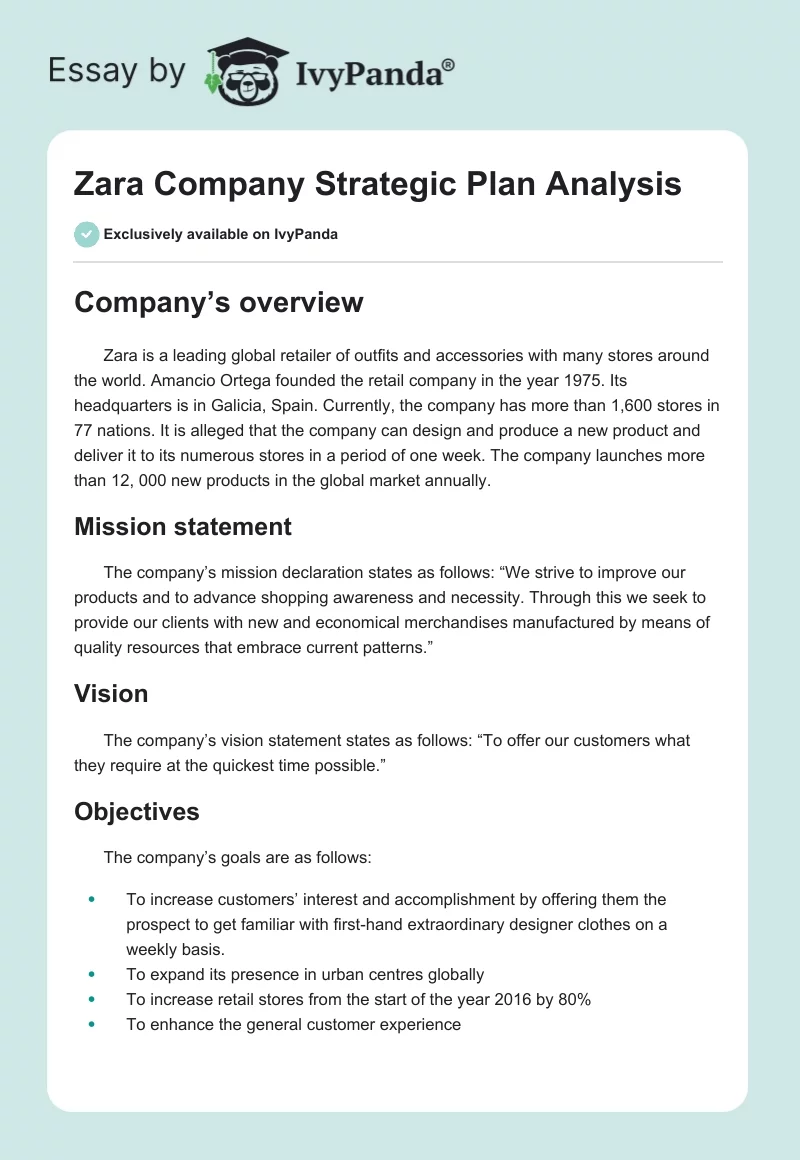 Zara Company Strategic Plan Analysis. Page 1