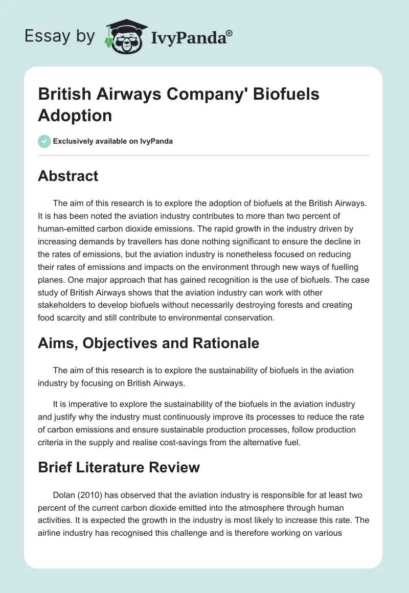 British Airways Company' Biofuels Adoption. Page 1