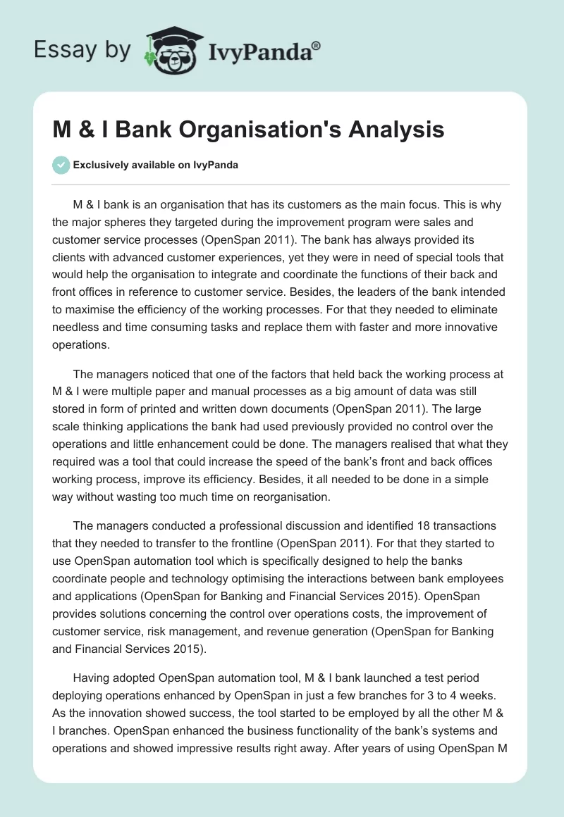 M & I Bank Organisation's Analysis. Page 1