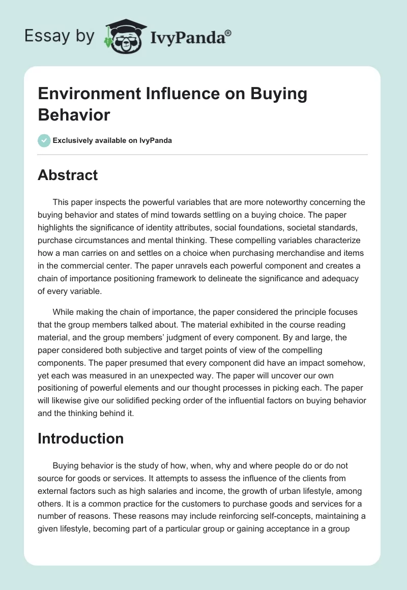 Environment Influence on Buying Behavior. Page 1