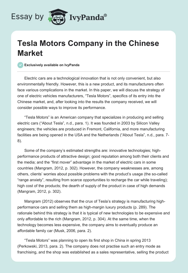 Tesla Motors Company in the Chinese Market. Page 1
