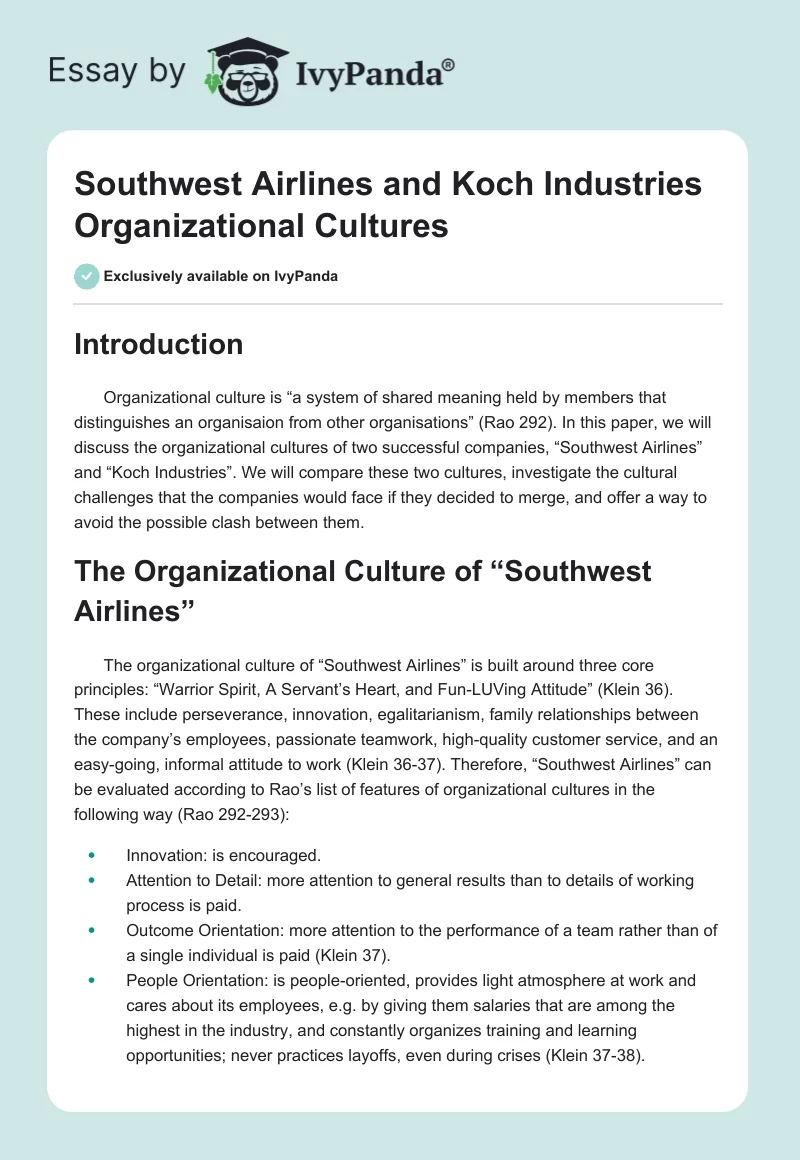 Southwest Airlines and Koch Industries Organizational Cultures. Page 1