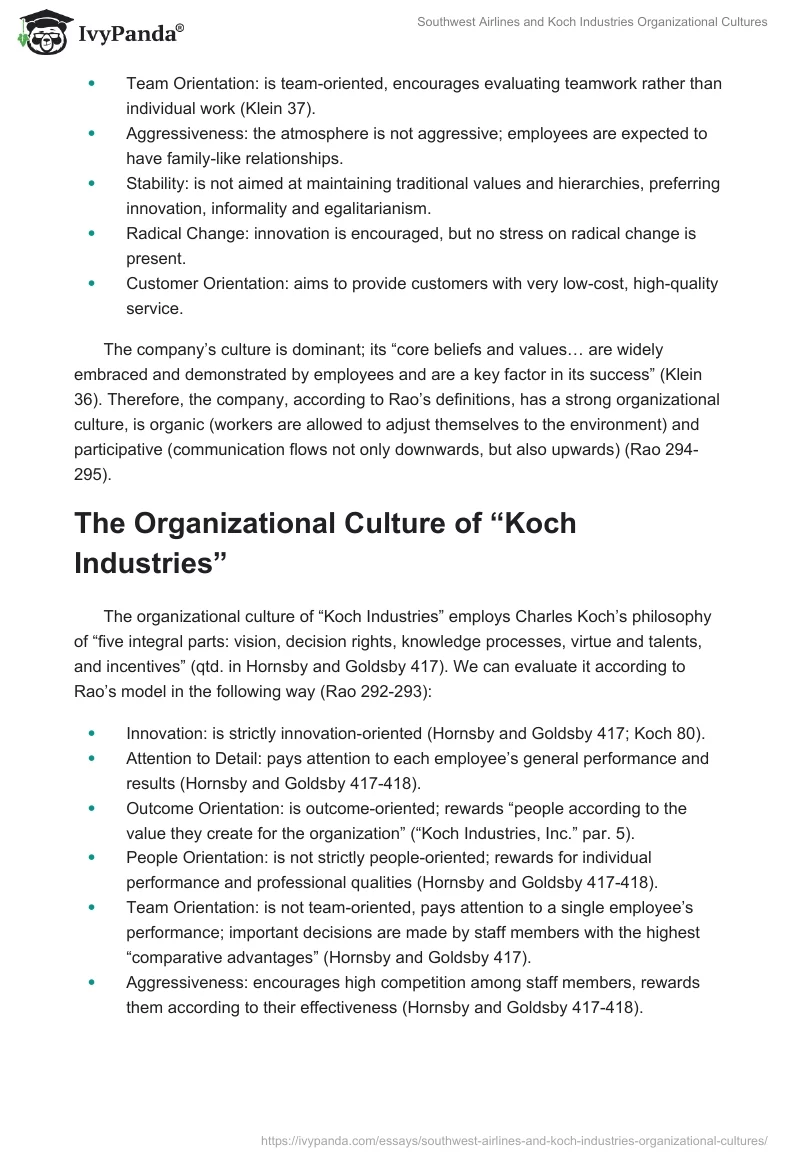 Southwest Airlines and Koch Industries Organizational Cultures. Page 2