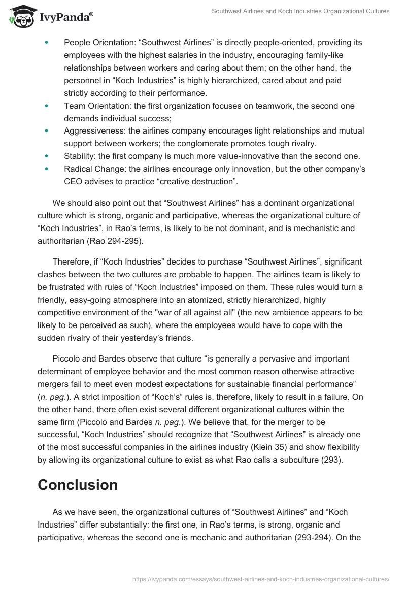 Southwest Airlines and Koch Industries Organizational Cultures. Page 4