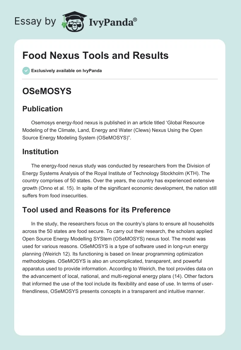 Food Nexus Tools and Results. Page 1