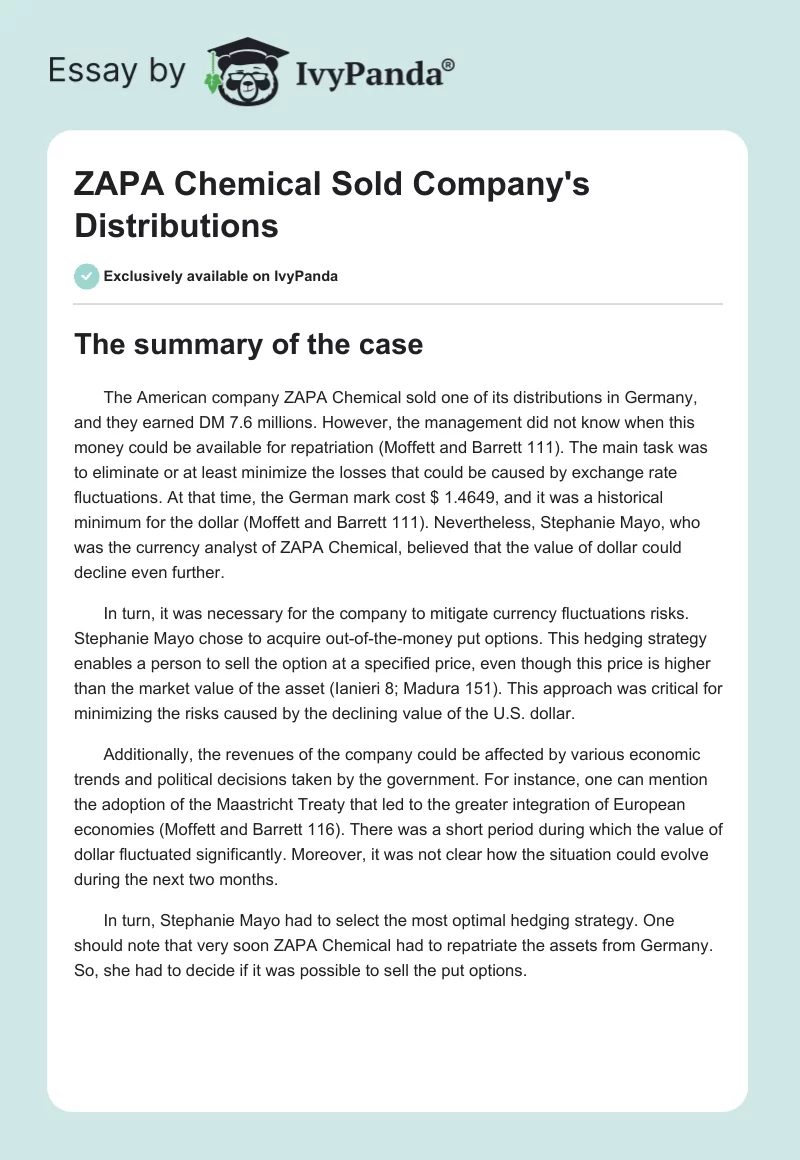 ZAPA Chemical Sold Company's Distributions. Page 1