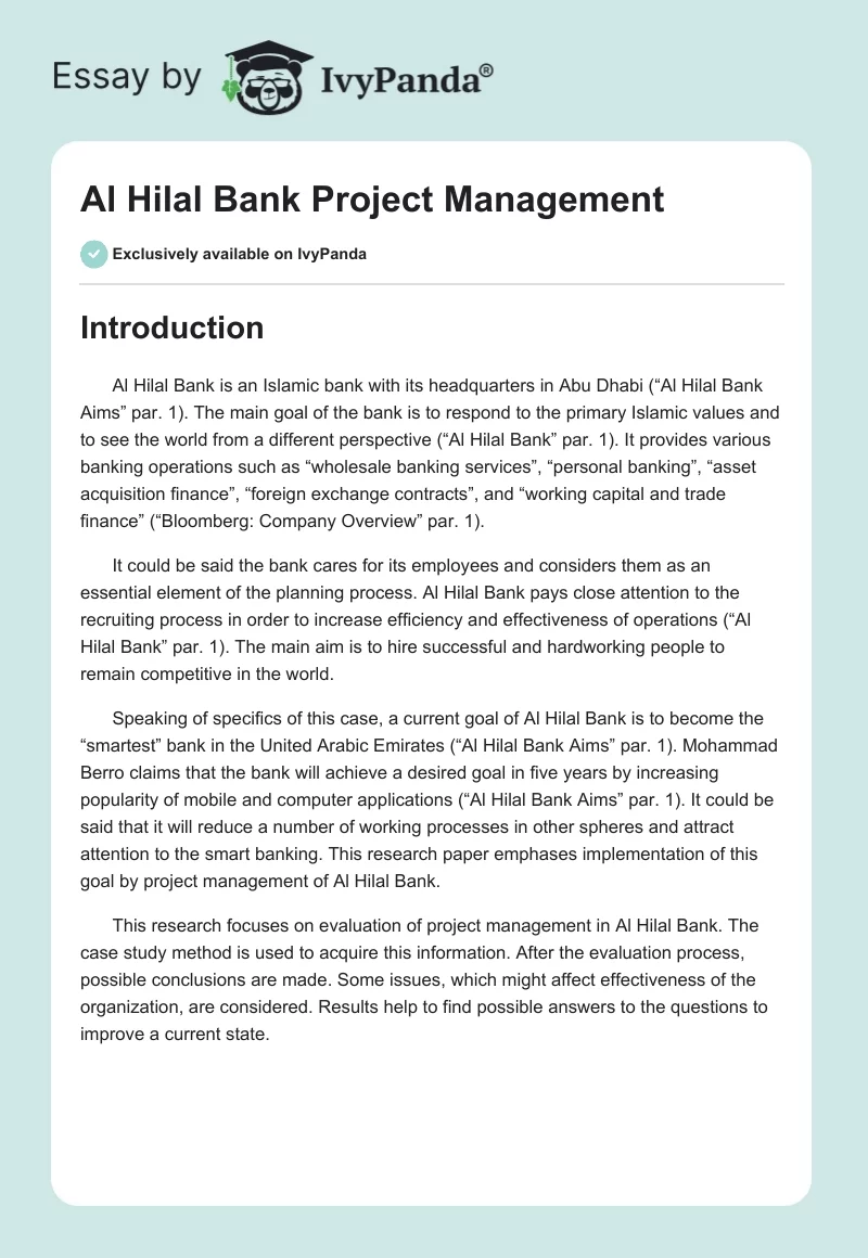 Al Hilal Bank Project Management. Page 1