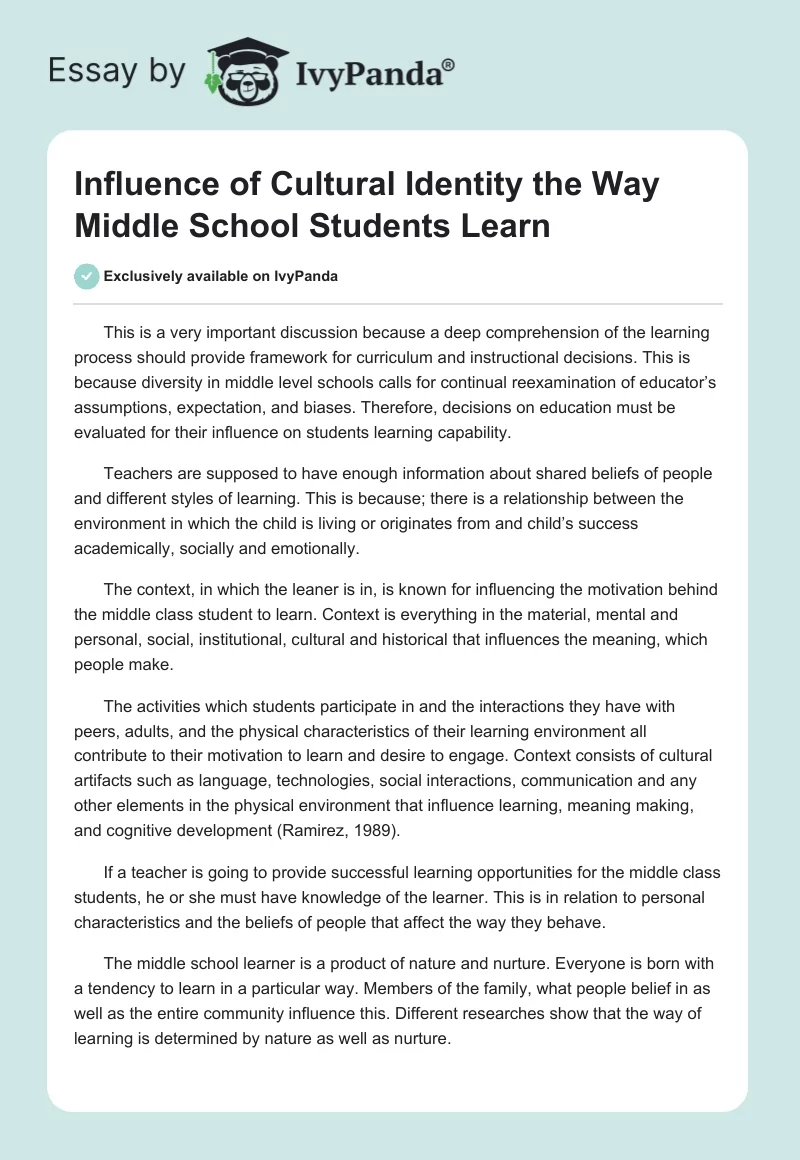Influence of Cultural Identity the Way Middle School Students Learn. Page 1