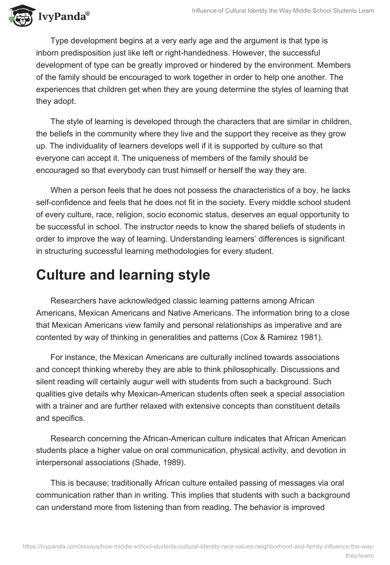 Influence of Cultural Identity the Way Middle School Students Learn. Page 2