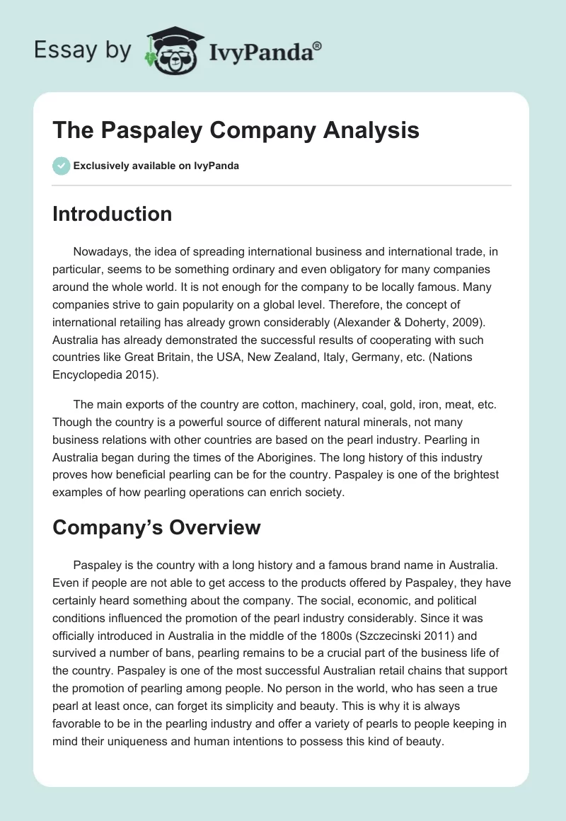 The Paspaley Company Analysis. Page 1