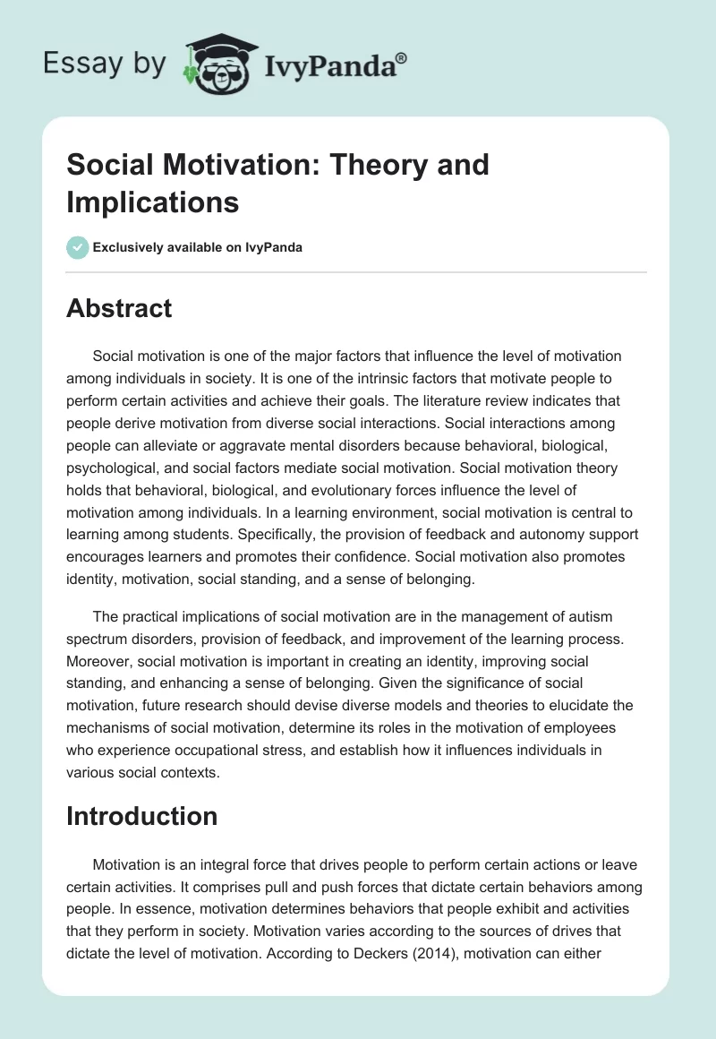 Social Motivation: Theory and Implications. Page 1