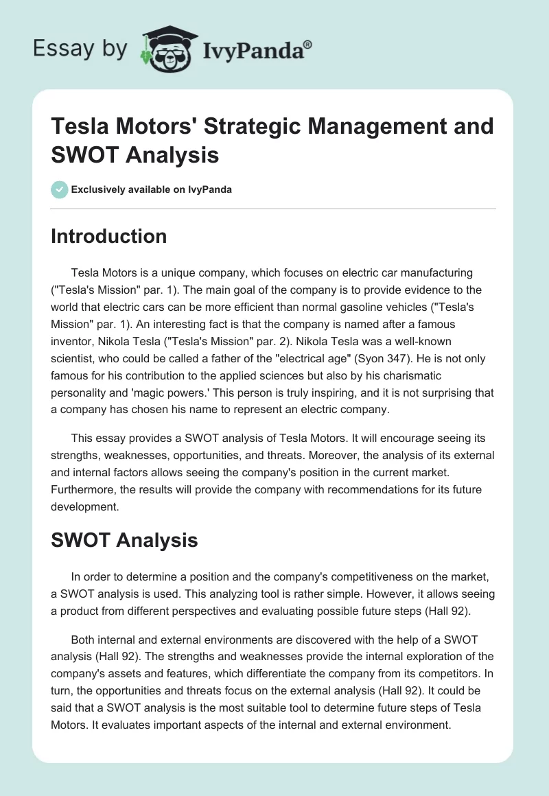 Tesla Motors' Strategic Management and SWOT Analysis. Page 1