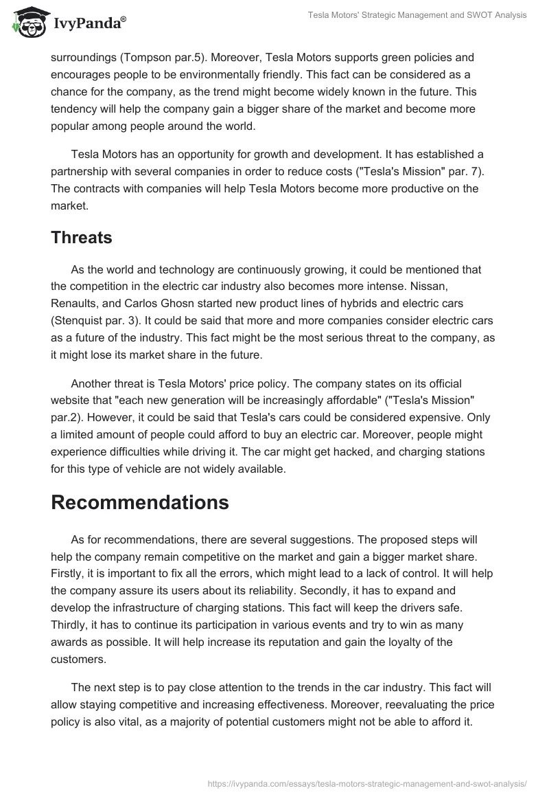 Tesla Motors' Strategic Management and SWOT Analysis. Page 3