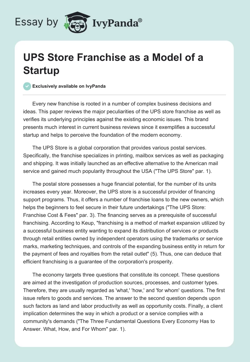 UPS Store Franchise as a Model of a Startup. Page 1
