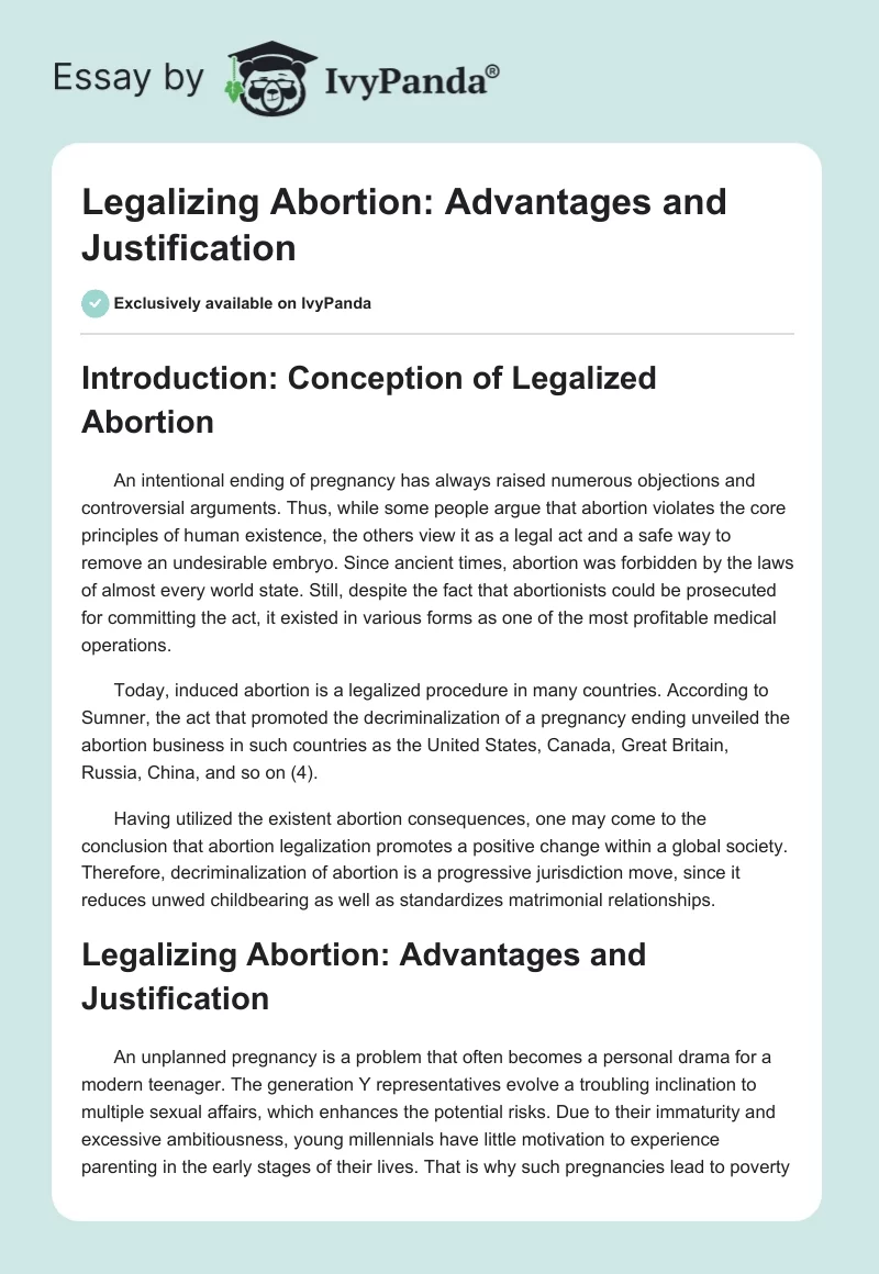 Legalizing Abortion: Advantages and Justification. Page 1