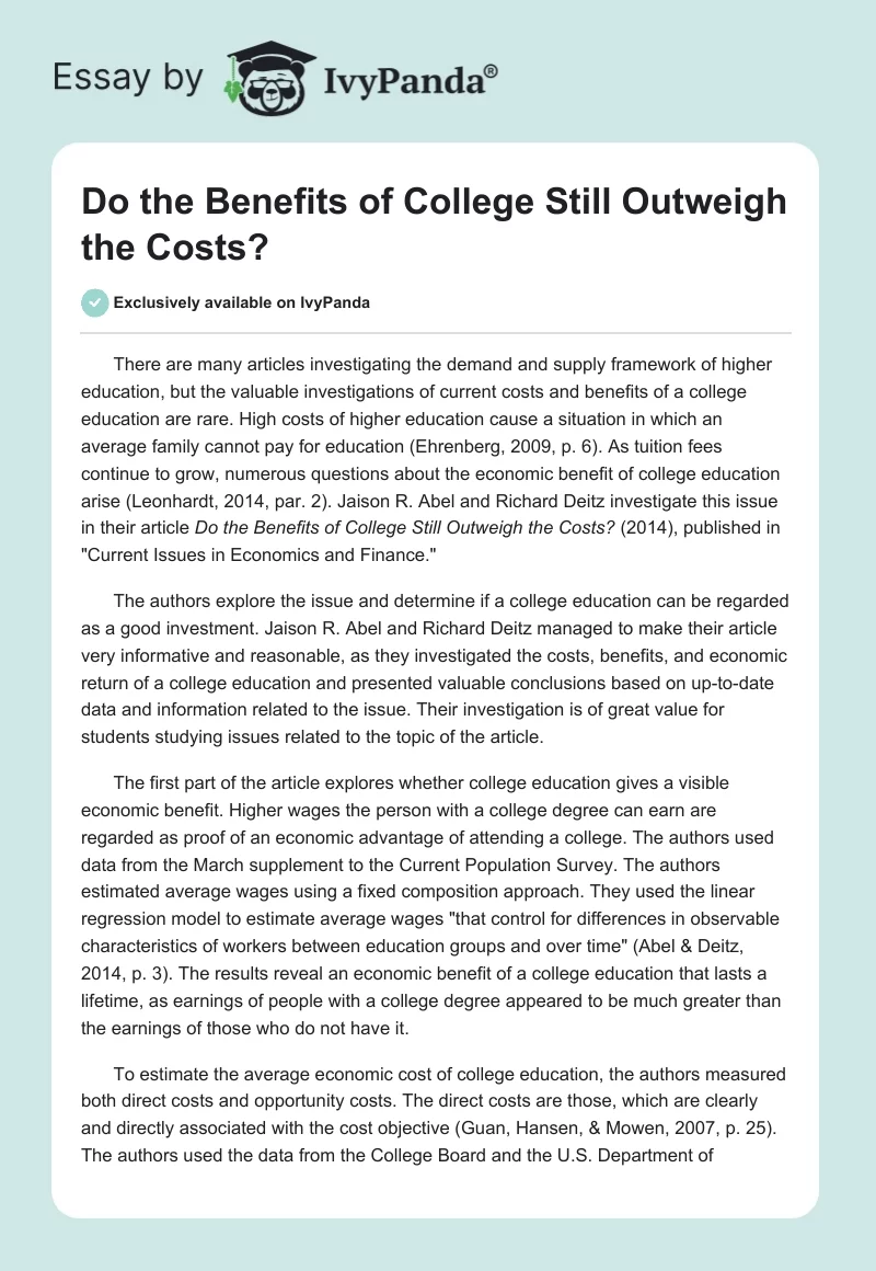 Do the Benefits of College Still Outweigh the Costs?. Page 1