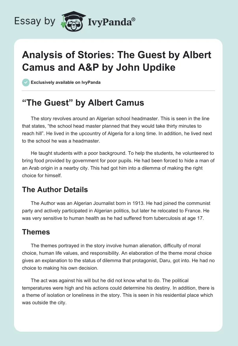 Analysis of Stories: "The Guest" by Albert Camus and "A&P" by John Updike. Page 1